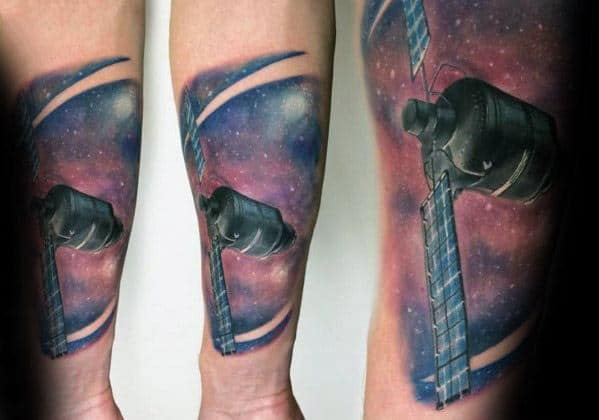Forearm Stars In Outer Space Sky Satellite Male Tattoo Ideas