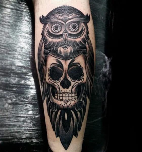 Forearm Sugar Skull Owl Tattoo For Guys
