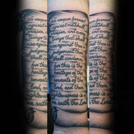 Forearm Tattoo Of Quote Written On Scroll For Men