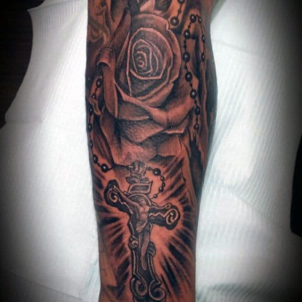 Forearm Tattoos Of Rosaries For Guys