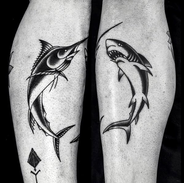 Forearm Traditional Old School Distinctive Male Marlin With Shark Tattoo Designs