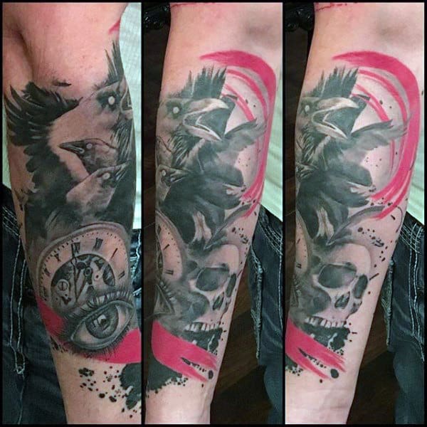 Forearm Trash Polka Skull And Crow Mens Tattoos