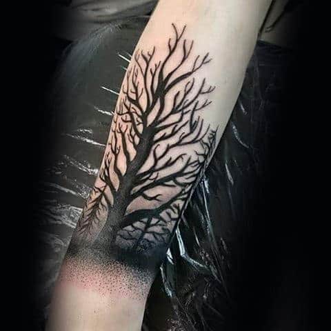 Forearm Tree Tattoo With Black Ink Branches On Man