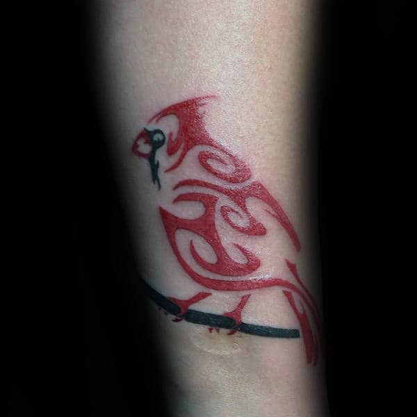 Forearm Tribal Red Ink Cardinal Bird Male Tattoos