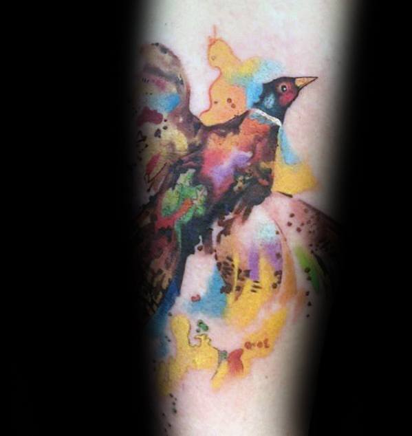 Forearm Watercolor Pheasant Bird Flying Mens Tattoo Designs