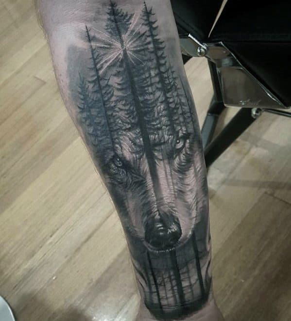 Forearm Wolf Forest Creative Morph Tattoos For Men