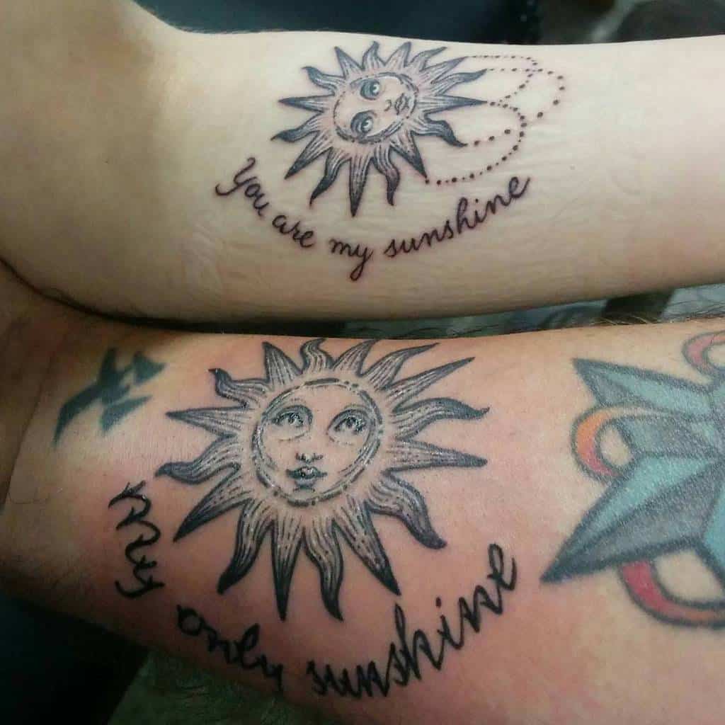 Matching sun tattoos can be beautifully designed with faces, paired with the texts "You are my sunshine" and "My only sunshine"