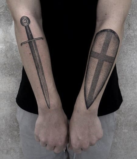 Forearms Knight Sword And Shield Mens Tattoo