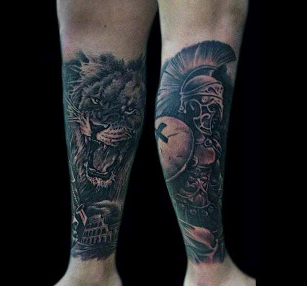 Forearms Male Beast And Aztec Warrior Tattoo