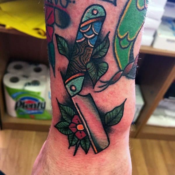 Forest Greens And Straight Razor Tattoo Male Forearm