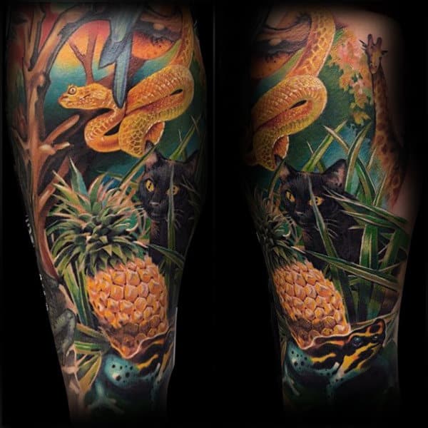 Forest Mens Frog Themed Sleeve Tattoo Design Ideas