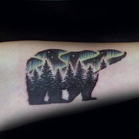 Forest Polar Bear With Northern Lights Mens Forearm Tattoo Designs
