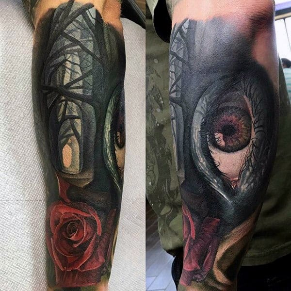 Forest Rose With Eye Awesome Mens Forearm Sleeve Tattoo Ideas