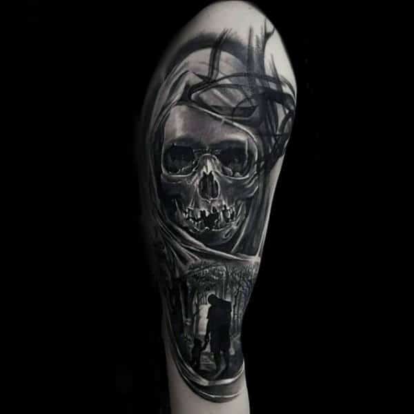 Forest Scene With Skull Detailed Mens Abstract Arm Tattoo Design Ideas