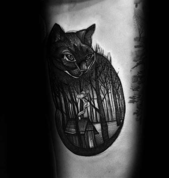 Dark surreal cat tattoo with a forest scene inside its body, featuring a cabin and a mysterious figure for an eerie, artistic design.