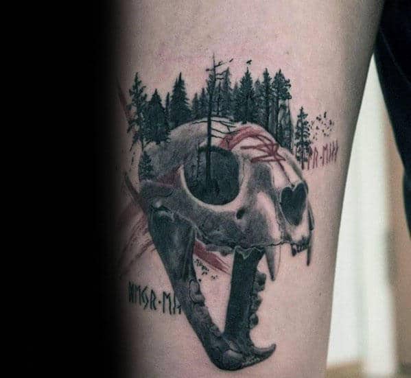 Forest Trees Lion Skull Guys Thigh Tattoo