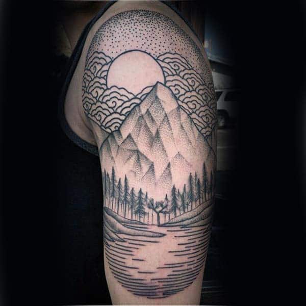 Forest With Mountain Mens Woodcut Half Sleeve Tatto Design Ideas