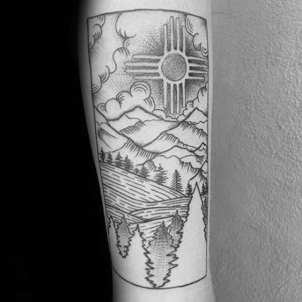 Forest With Mountains Male Zia Forearm Tattoo Ideas