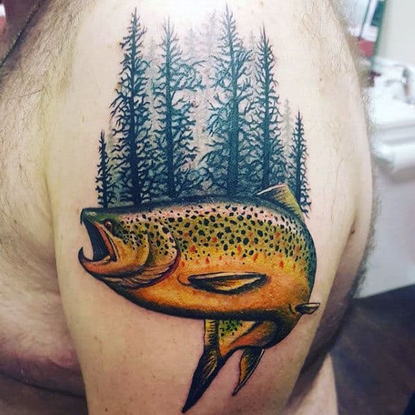 Forest With Trout Fish Mens Upper Arm Tattoo