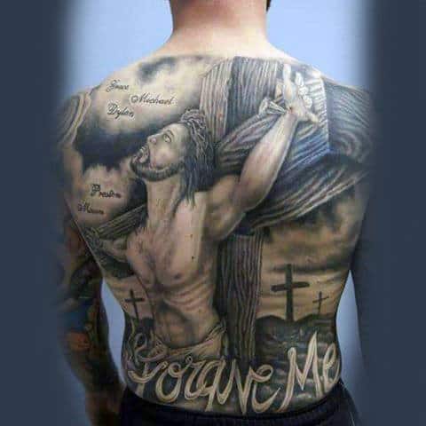 Forgive Me Jesus Cross Guys Full Back Tattoo Design Ideas