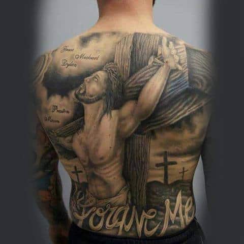 Forgive Me Jesus On Cross Mens Full Back Tattoo