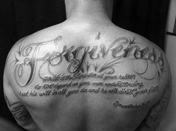 Forgiven With Bible Quote Mens Upper Back Religious Tattoo