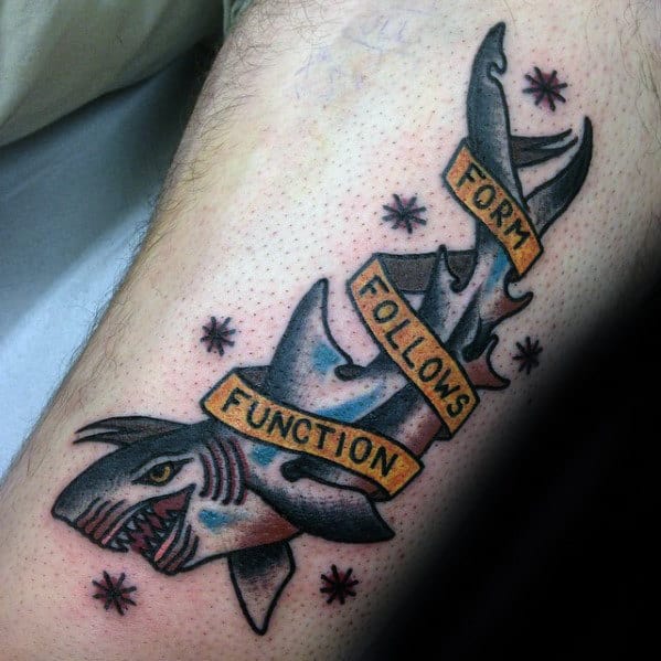 Form Follows Function Banner Mens Traditional Shark Thigh Tattoo