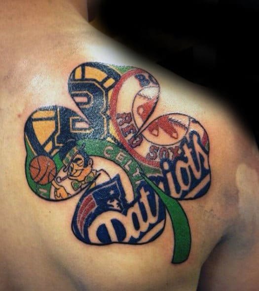 Four Leaf Clover Guys New England Patriots Upper Back Shoulder Tattoo