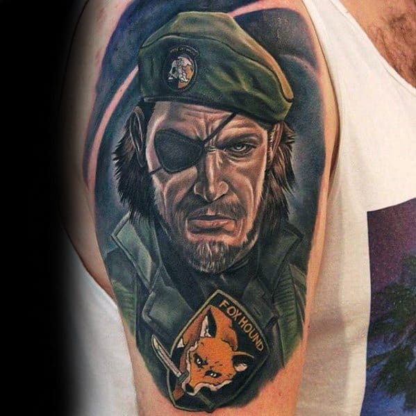 Fox Hound Half Sleeve Artistic Male Gamer Tattoo Ideas