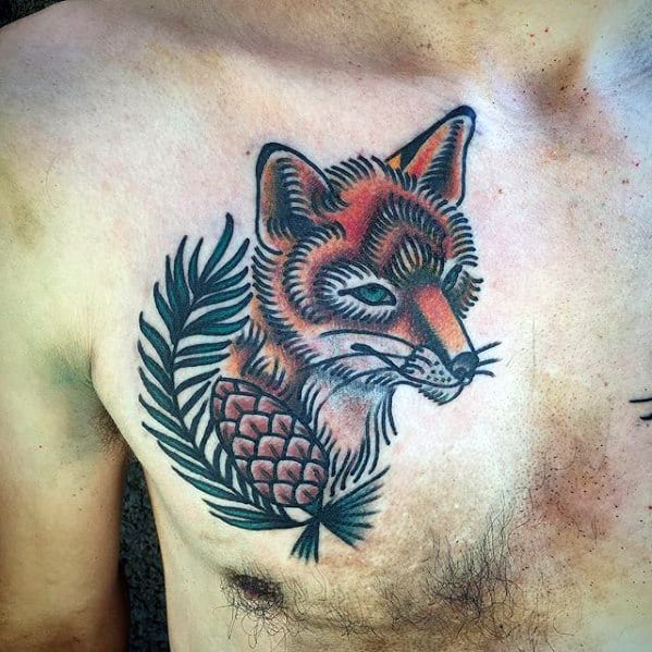 Fox Pine Cone Mens Old School Traditional Upper Chest Tattoos