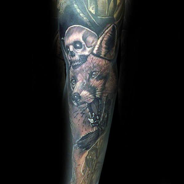 Realistic tattoo of a snarling fox with a skull above its head, dark tones and dramatic shading for a fierce, intense vibe.