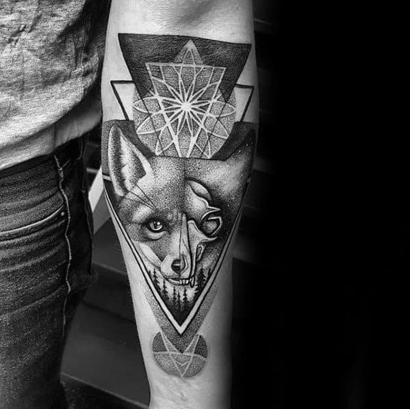 Dotwork tattoo of a fox with half skull face inside layered geometric shapes, blending realism and abstract symmetry.