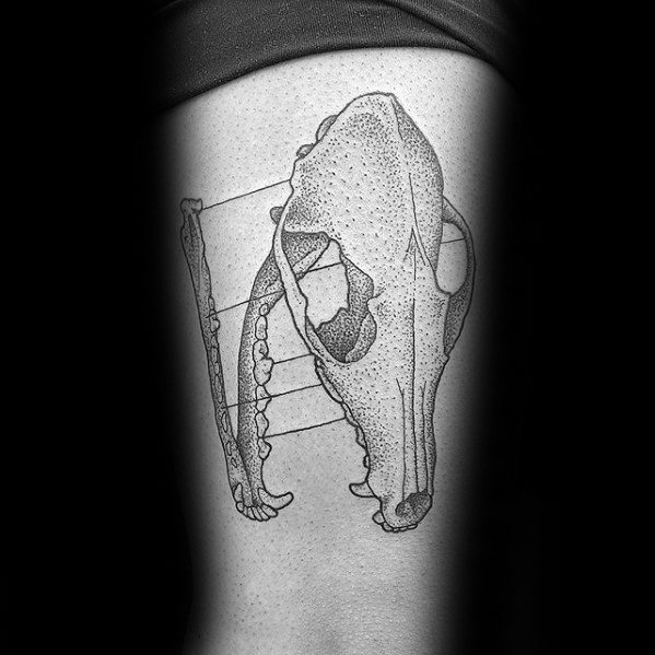 Minimalist dotwork tattoo of a fox skull with jaw suspended by bars, creating a surreal and anatomical 3D effect.