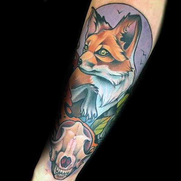 Vibrant neo-traditional tattoo of a fox with a skull below, featuring bold outlines and rich colors in a circular backdrop.