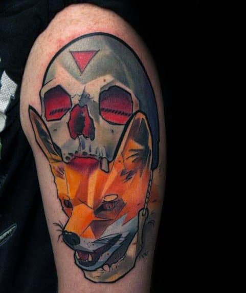 Bold polygonal fox tattoo with vibrant orange tones, paired with a stylized skull above featuring red geometric accents.