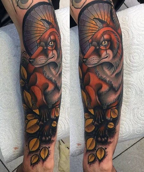 Fox With Fan And Leaves Tattoo Male Half Sleeve
