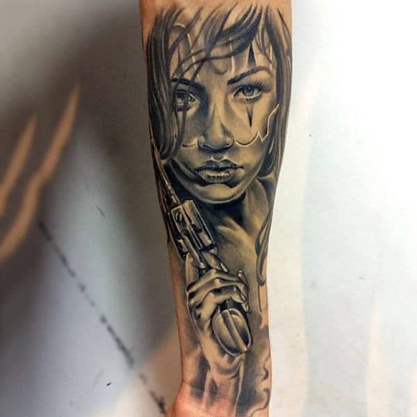 Foxy Lady With Pistol Tattoos Forearms Men