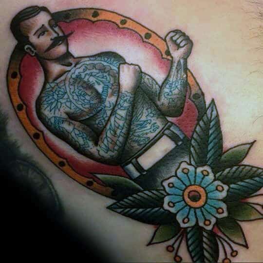 Frame Boxer With Blue Flower Traditional Mens Back Tattoos