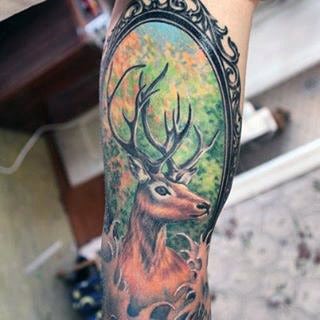 Framed Deer Tattoo For Men In Full Color On Arm