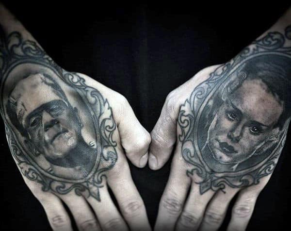 Frankenstein In Frame Mens Hand Tattoo Ideas