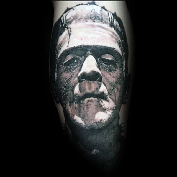 Frankenstein Mens Shaded Monster Grey Ink Tattoo