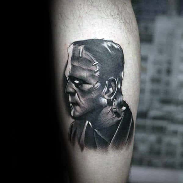 Frankenstein Monster Mens Leg Calf Tattoo With Shaded Design