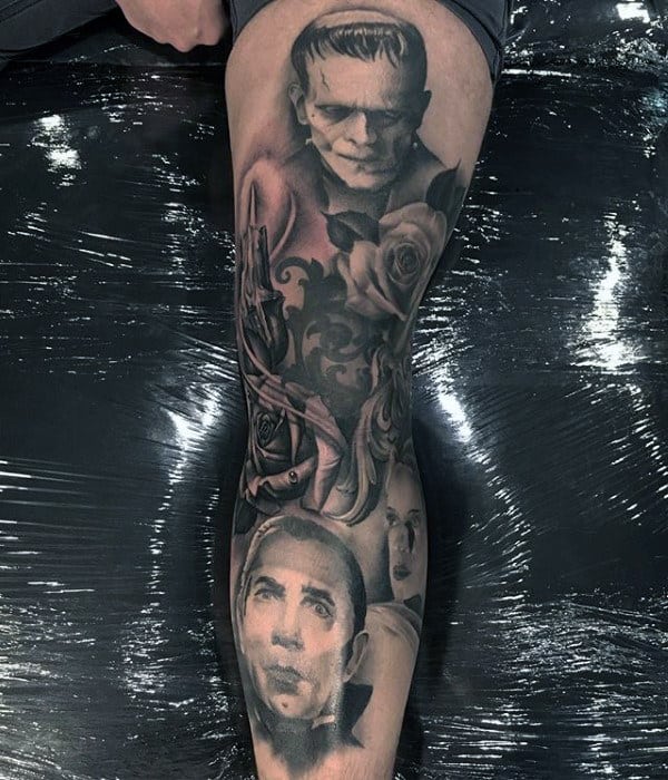 Frankenstein Themed Mens Leg Sleeve Tattoos