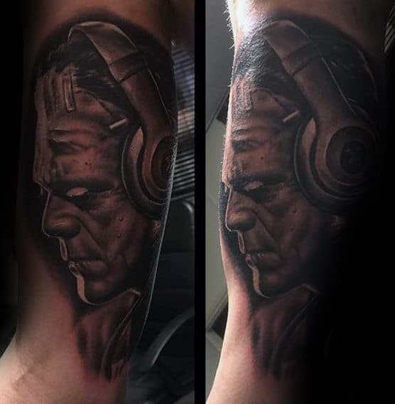 Frankenstein Wearing Headphones Mens Tattoo