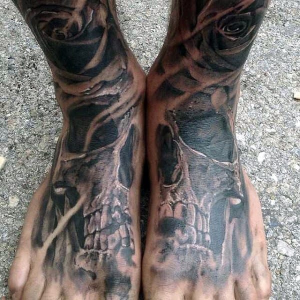 Freakish Skull And Rose Tattoo On Foot