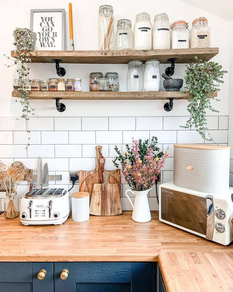free hanging wood wall shelf in country kitchen