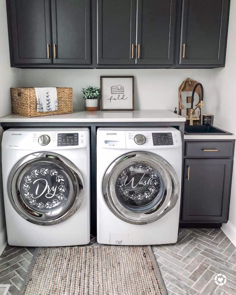 gray cabinet laundry with washer and dryer