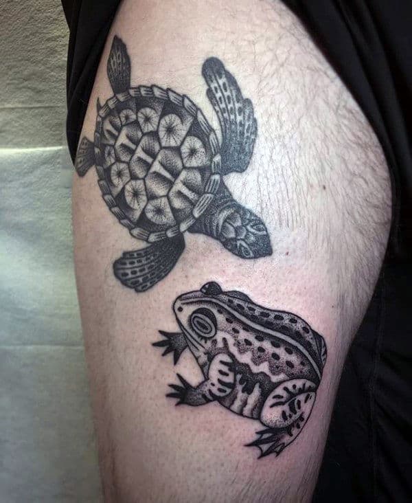Frog And Turtle Mens Thigh Tattoo