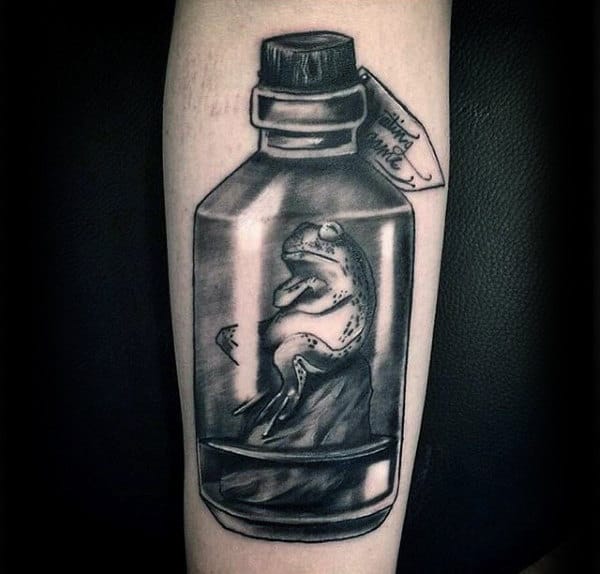 Frog In A Bottle Guys Forearm Tattoos
