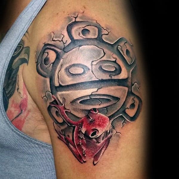 Frog With Sun Mesn Taino Upper Arm Stone Tattoo Ideas